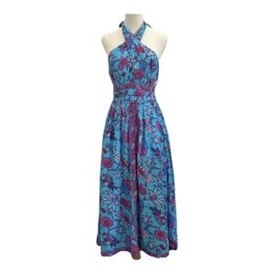 CAROLINA CONSTAS Criss Cross Halter‎ Fit-N-Flare Smocked Maxi Dress Turquoise XS